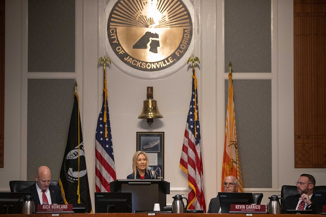 Jacksonville Mayor Donna Deegan announces her 2024-2025 city budget plan to City Council on July 24. The Council cut about 2.1% from Deegan's $1.92 billion proposal.