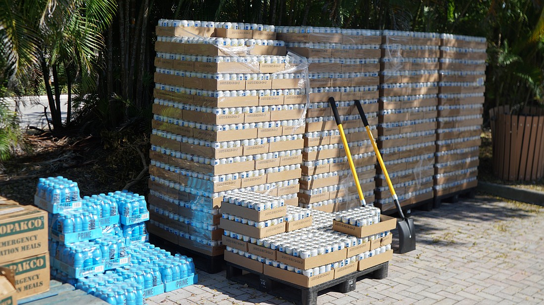 Cases of water at the Longboat Key Neighborhood Point of Distribution donated by Anhueser-Busch.