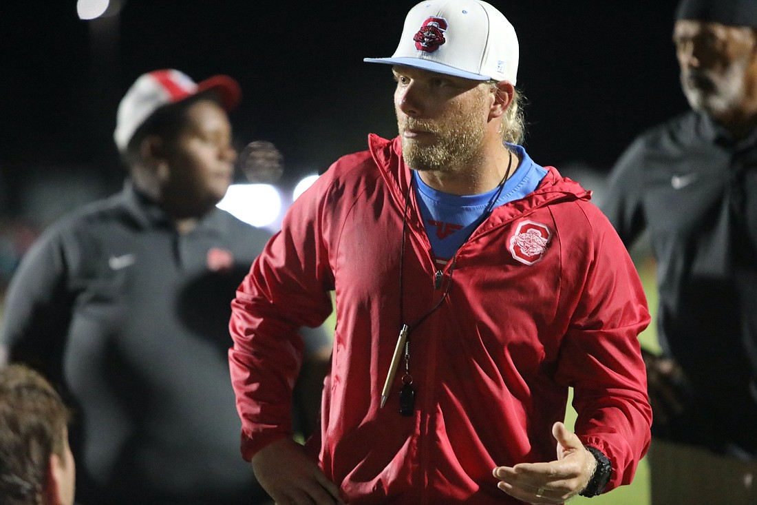 Seabreeze coach Mike Klein talks to his players on Oct. 24, 2024, after their first win of the season. File photo by Brent Woronoff