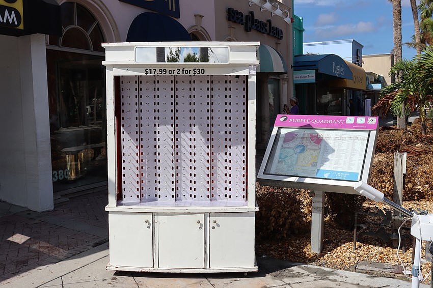 An eyewear display stands outside on St. Armands Circle.