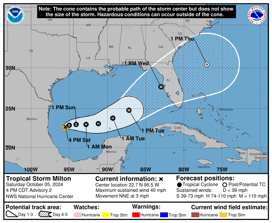 The forecast cone for Tropical Storm Milton as of 5 p.m. Saturday, Oct. 5.