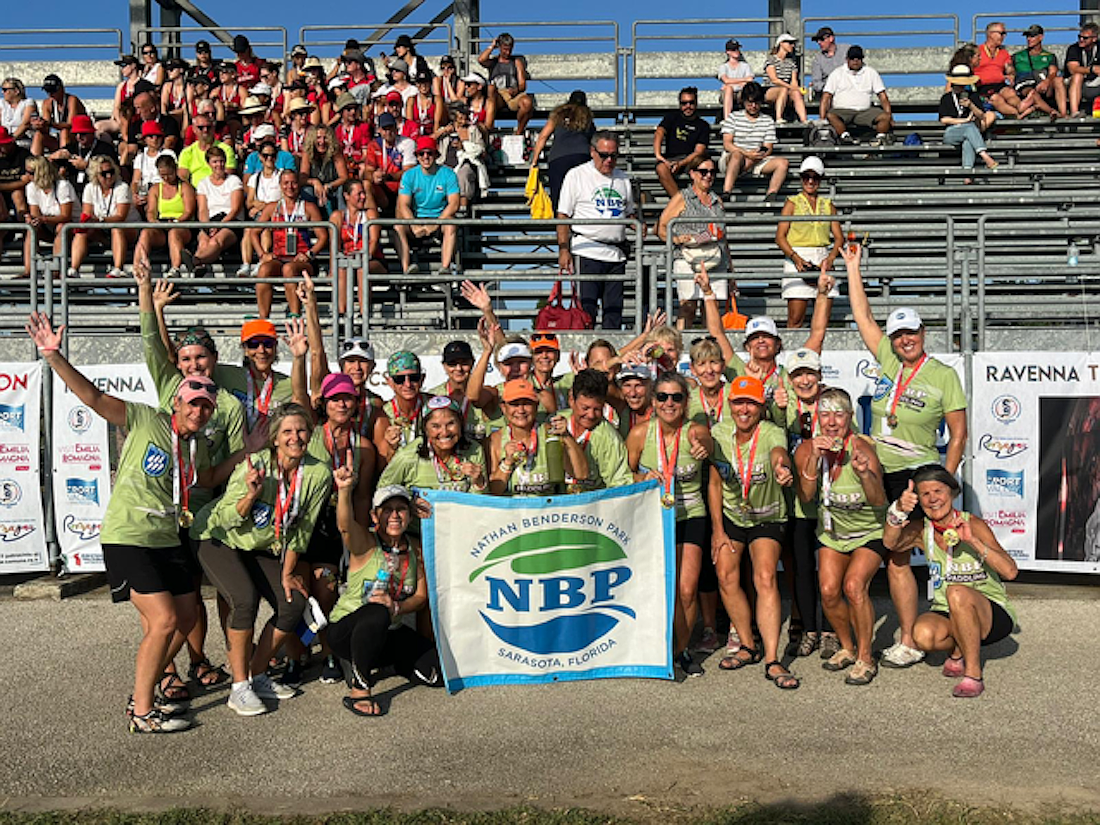 Members of the Nathan Benderson Park Breast Cancer Survivor team pose with their gold medals after winning the 200-meter final in Ravenna, Italy last month.