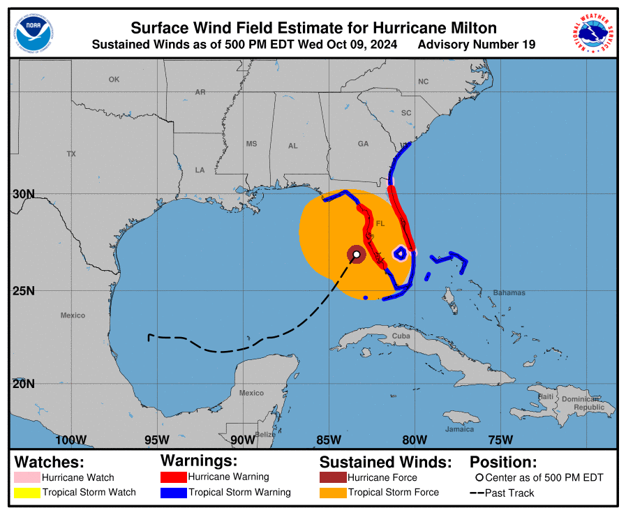 Sustained wind force estimates as of 5 p.m. Wednesday, Oct. 9. National Hurricane Center image.