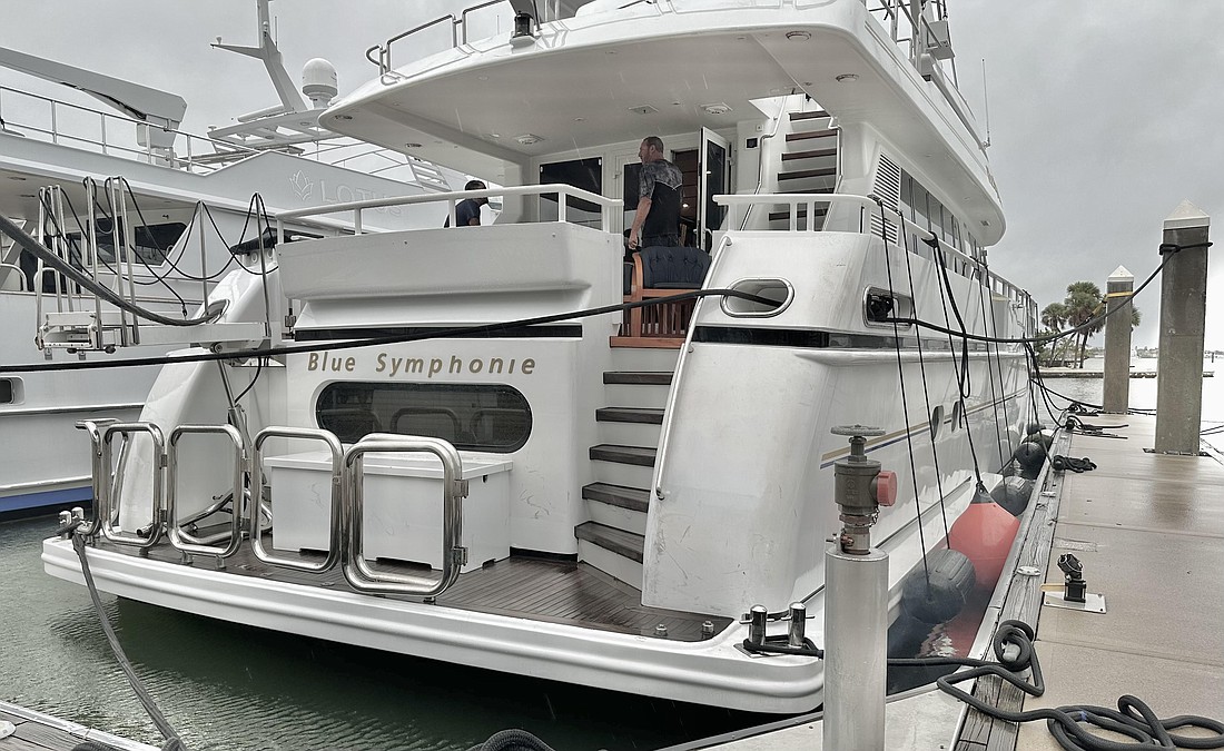 The yacht Blue Symphonie sits in a slip at Marina Jack in Sarasota. The boat's owner said he would ride out Hurricane Milton on board.