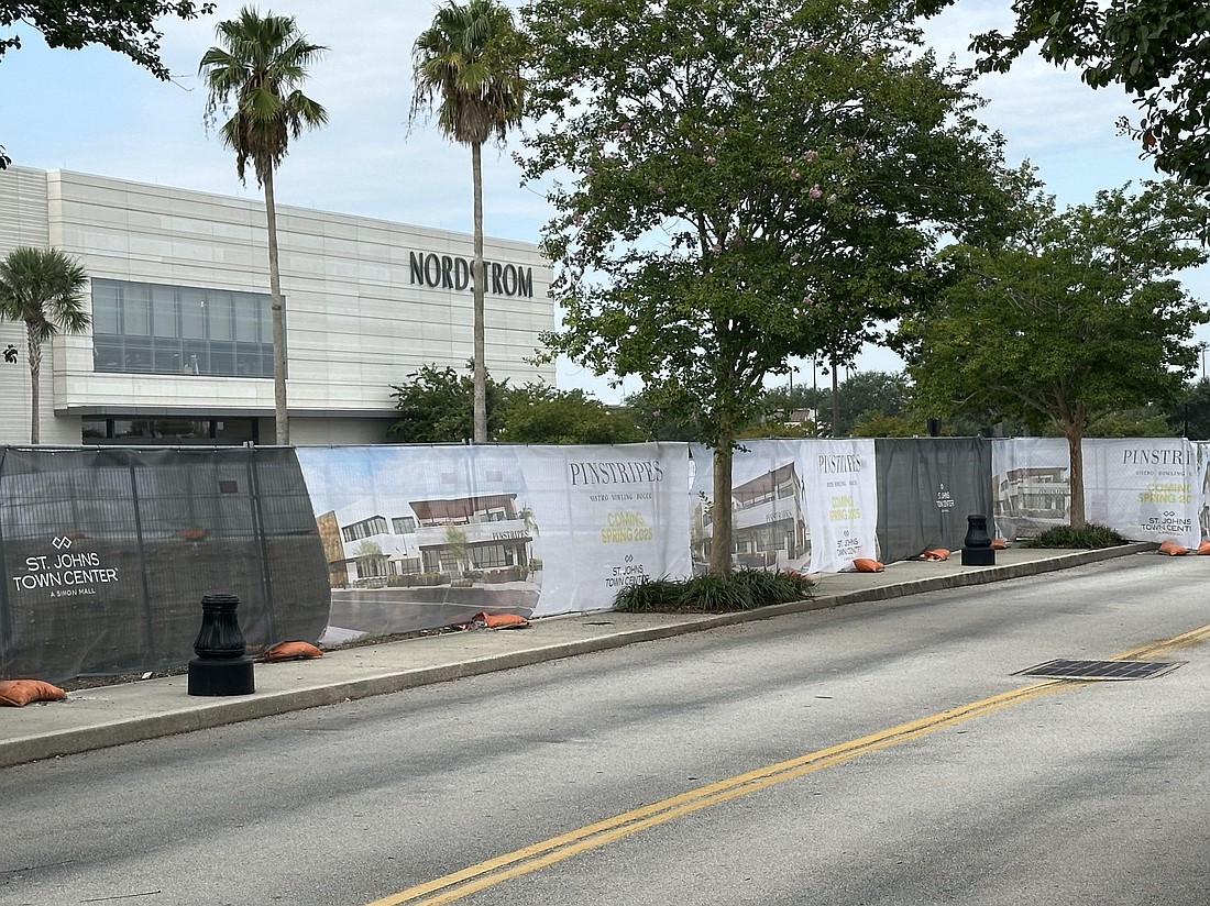 Pinstripes is planned in St. Johns Town Center at 10274 Buckhead Branch Drive near Nordstrom. It is the former West Elm furniture store building space. The West Elm building was demolished.