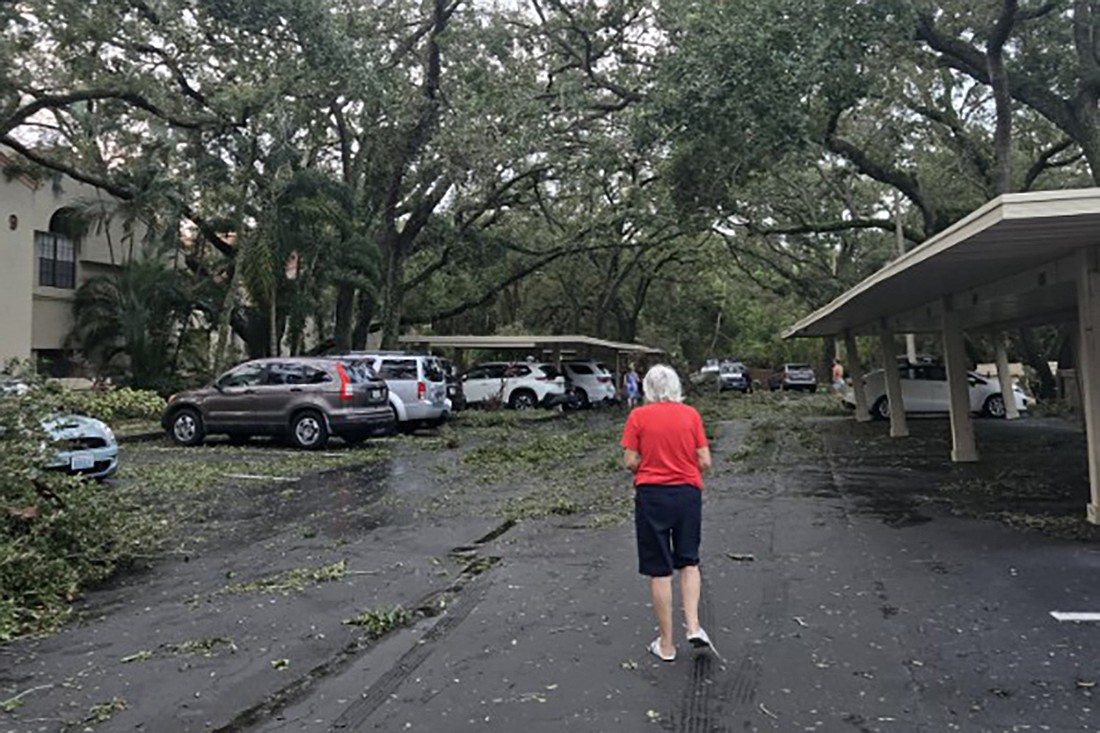 A resident inspects the Los Prados community in Clearwater after Hurricane Milton blew through the area Oct. 9.