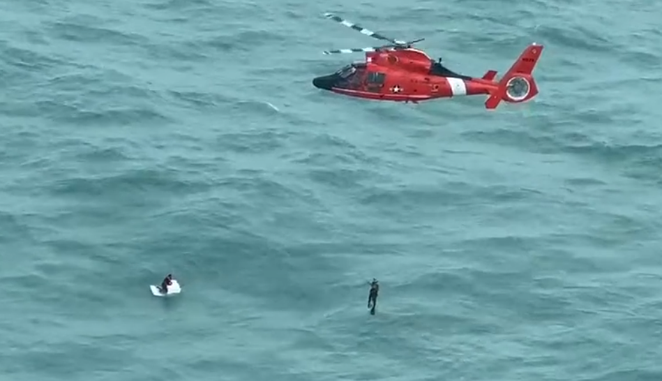 A U.S Coast Guard helicopter rescues a fishing boat captain who survived Hurricane Milton 30 miles off Longboat Key Thursday, Oct. 10.