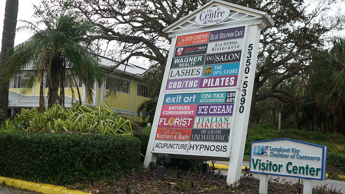 The sign at The Centre Shops leaned from Hurricane Milton's winds.