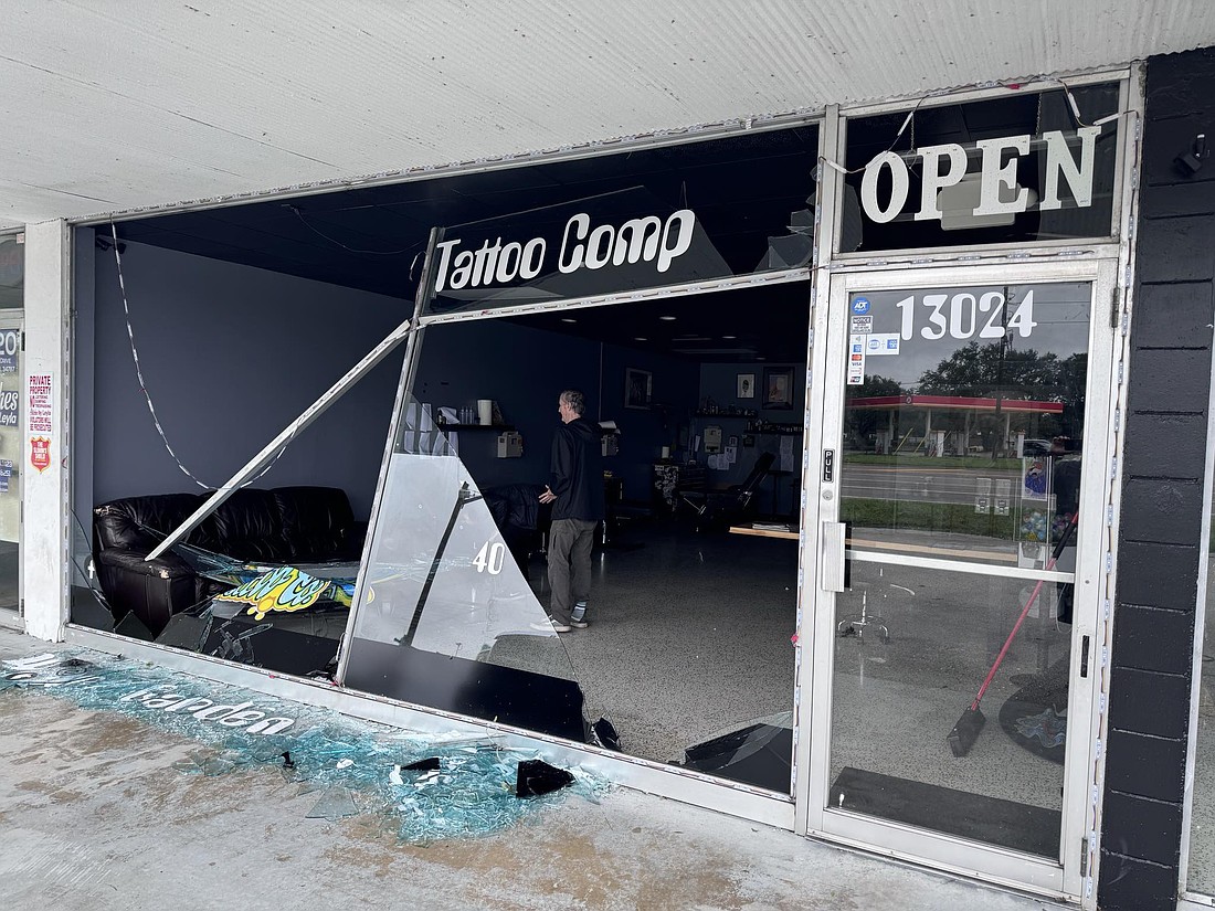 Hurricane Milton destroyed the front window of Winter Garden Tattoo Co.