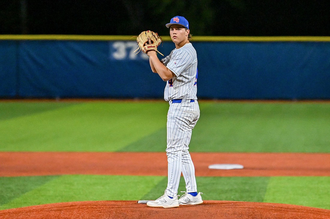 West Orange High baseball right-handed pitcher Parker Hohnstock prepared to deliver a pitch.