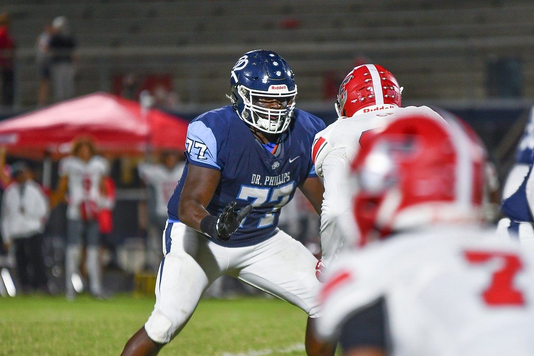 DP senior offensive lineman David Gardner (No. 77) dropped back in pass protection.