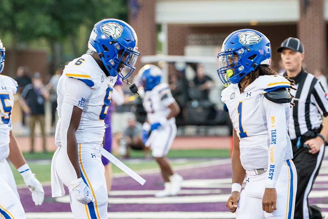 The First Academy's Salomon Georges Jr. and Demetrice McCray celebrated a touchdown against Lipscomb Academy (TN). (Courtesy photo by Phillip Pacheco)