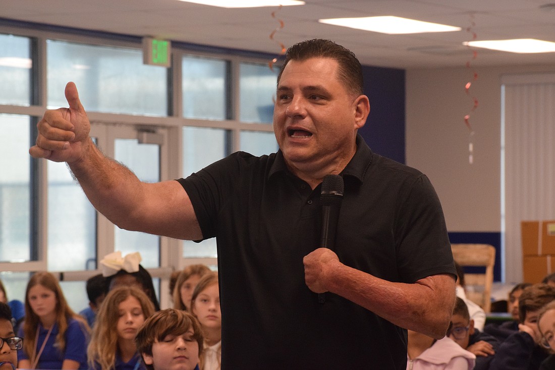 Anthony Razzano, a motivational speaker, author and Lakewood Ranch Preparatory Academy parent, talks to students about overcoming adversity.