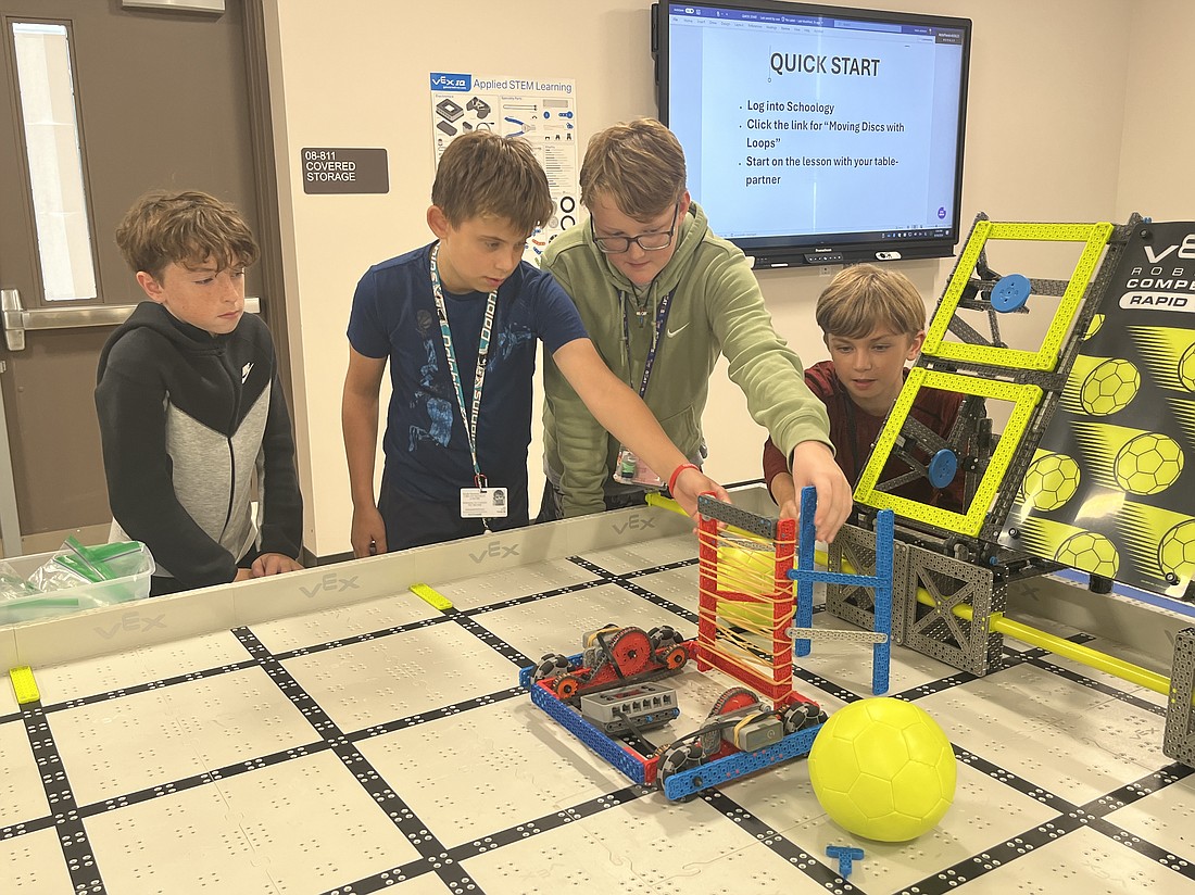 Carlos E. Haile Middle School students Brayden Berggren, Cord London, Kase Alsum and Levi Rear work on a robot in the new robotics arena. STEM programs will continue to be supported by the referendum if voters pass it in November.