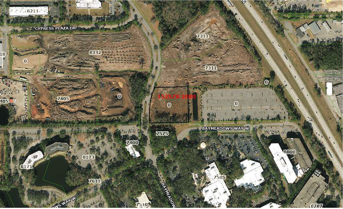 An aerial view of the vacant 2.93-acre parcel near Baymeadows Way and Baymeadows Way West planned for apartments.