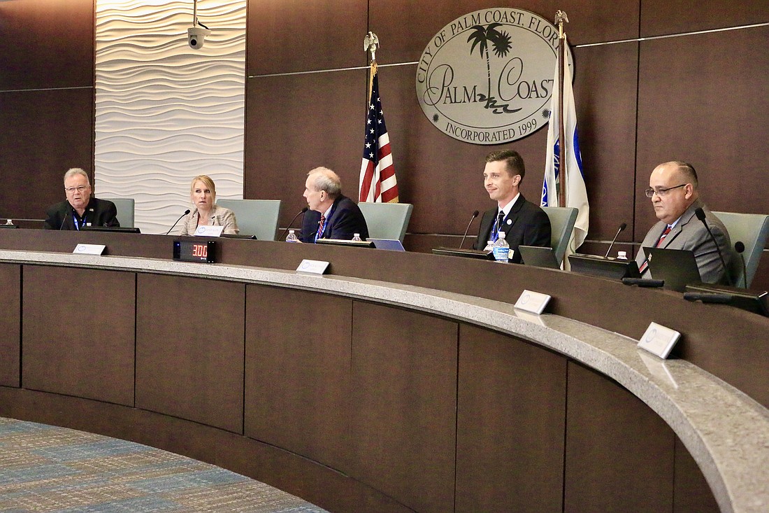 The Palm Coast City Council: Vice Mayor Ed Danko, council member Theresa Carli Pontieri, Mayor David Alfin and council members Nick Klufas and Charles Gambaro Jr. Photo by Sierra Williams