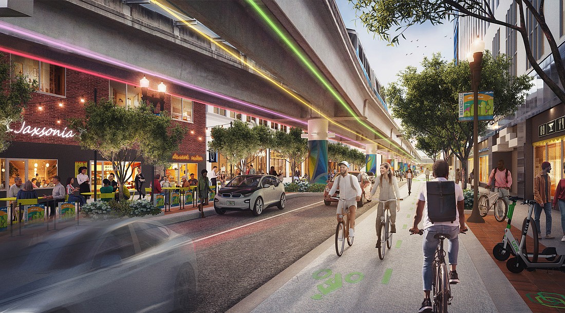 A Downtown Investment Authority rendering from its 2023 Downtown Master Plan shows Hogan Street between Monroe and Adams streets. Features include restaurants, landscaping, urban art and the Urban Trail cycle track for bicyclists.