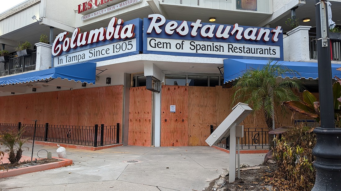 The Columbia Restaurant is seen boarded up, bracing for Hurricane Milton, just two weeks after Hurricane Helene flooded it with storm surge. The St. Armands landmark is set to reopen Oct. 26.