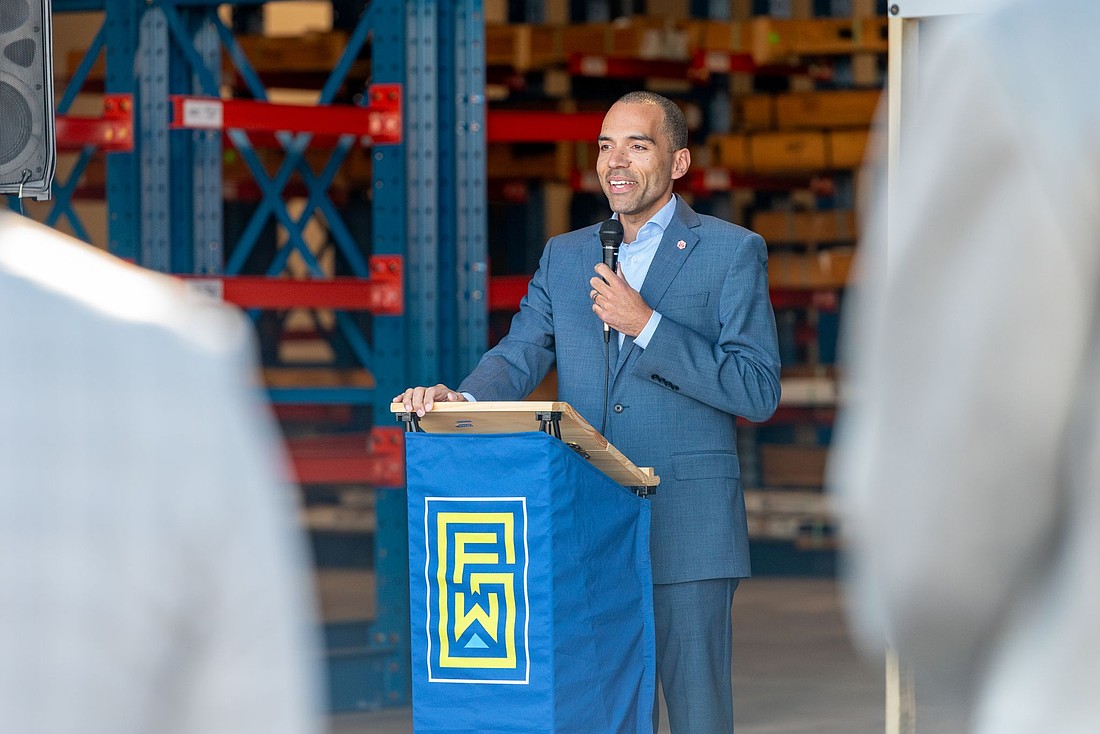 Vested Metals President Viv Helwig speaks at his company;s new facility in Fort Wayne, Indiana.