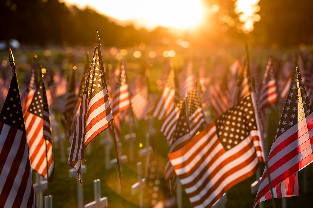 Field of American flags at sunset.