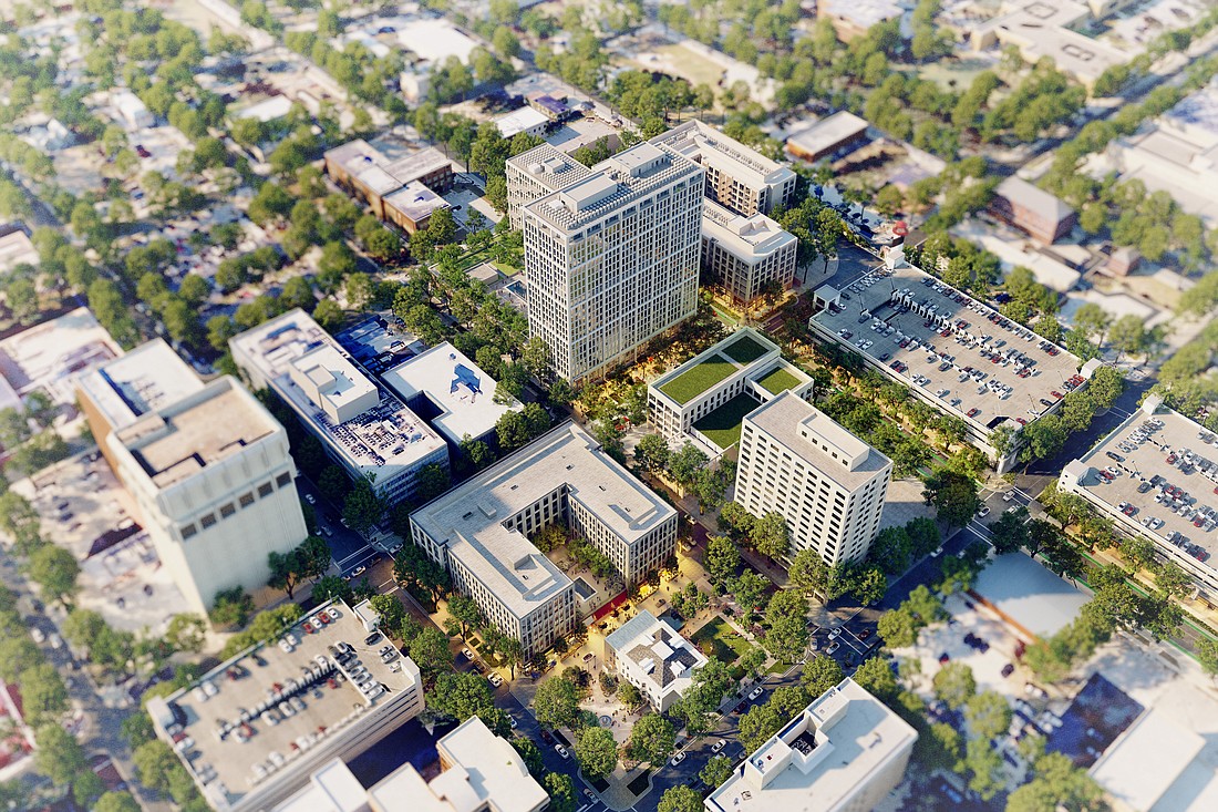 A rendering of the Peal Square development in Downtown Jacksonville. The Block N11 or 515 Pearl St. building, the first to be built, is behind the Porter House Mansion.