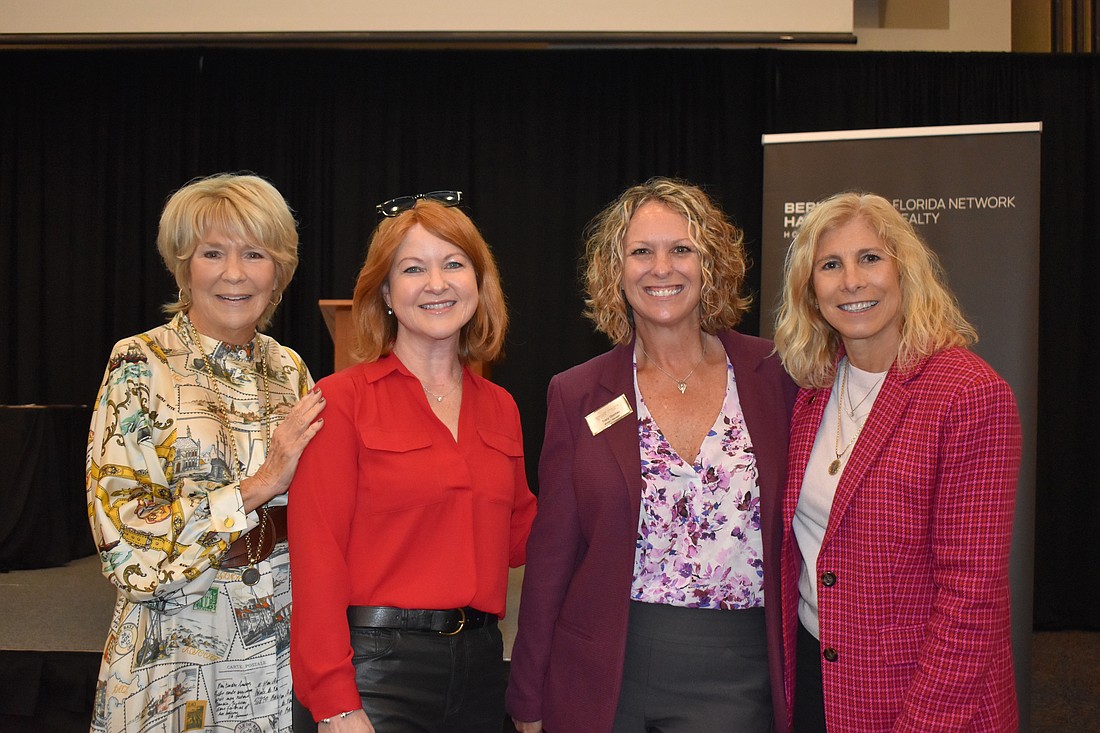 Berkshire Hathaway HomeServices Florida Network Realty is acquiring Berkshire Hathaway HomeServices Palm West Realty. From left: Berkshire Hathaway HomeServices Florida Network Realty Founder and Chairperson Linda Sherrer, Assistant Manager Susan Kos, Broker Manager Tracy Glochau and President Ann King.