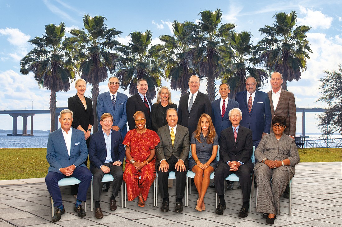 The Community Foundation for Northeast Florida board of trustees: Front row, from left: Halsey Wise, John Peyton, Carol J. Alexander, Chair Michael DuBow, Amy Wacaster, Buddy Schulz and Velma Monteiro-Tribble. Back row: Lauren Rueger, Richard Sisisky, Sol Brotman, Martha Baker, George Egan, John Hirabayashi, Brian Davis and Michael Meyers.