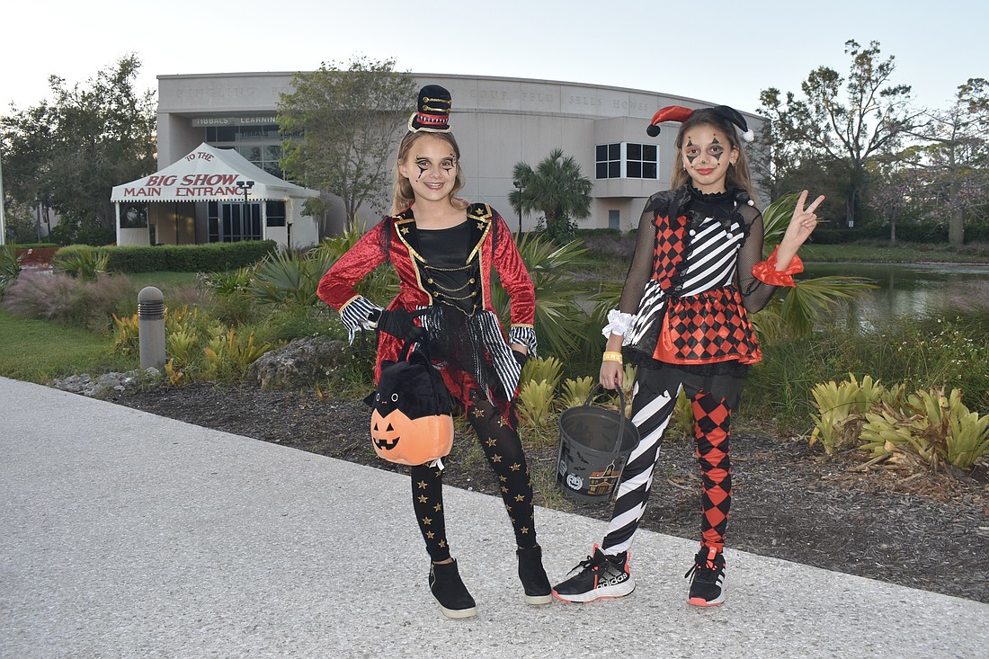 Alyssa Entin, 10 and Victoria Haroutunian, 10, dressed as circus clowns to embrace the circus theme at the Ringling Museum.