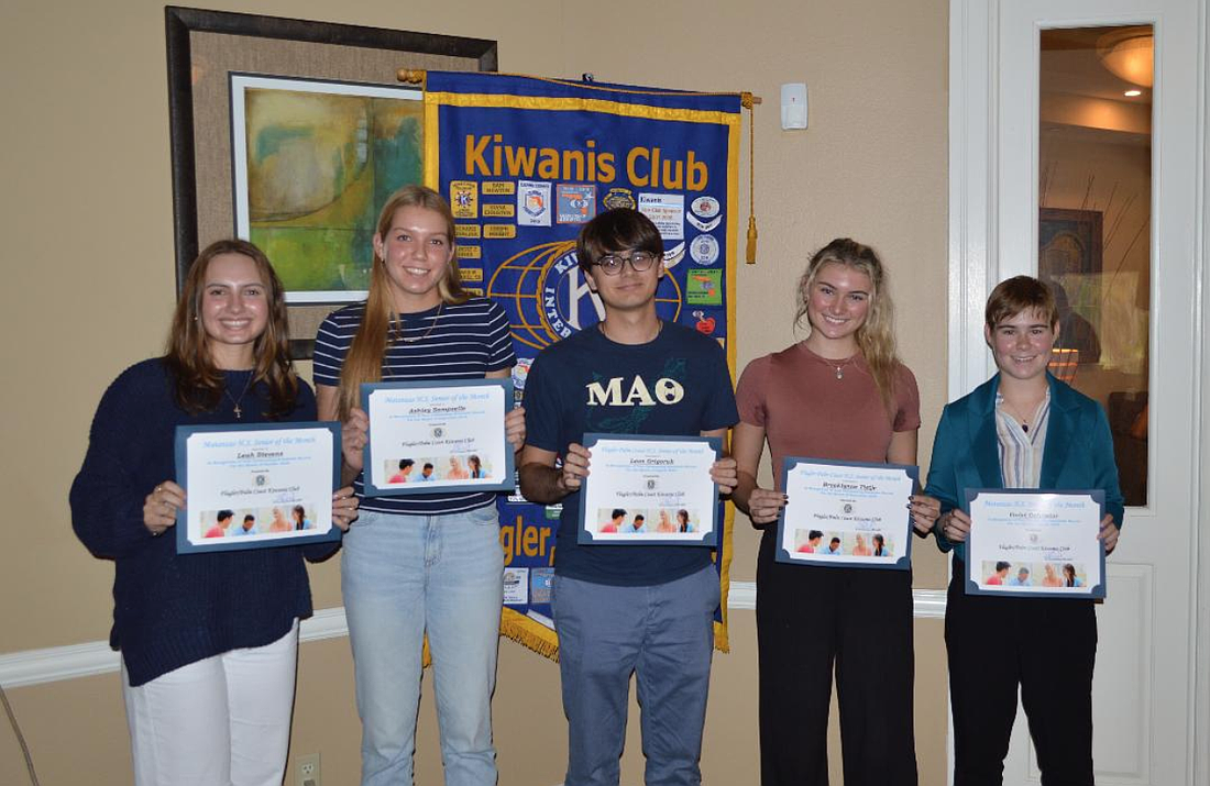 Flagler Palm Coast Kiwanis Club's Seniors of the Month (from left): Leah Stevens (Matanzas, October), Ashley Sampselle (Matanzas, September), Leon Grigoruk (FPC, August), Brooklynne Tietje (FPC, September), Violet Ochrietor (Matanzas, August). Courtesy photo by Tony Andrade