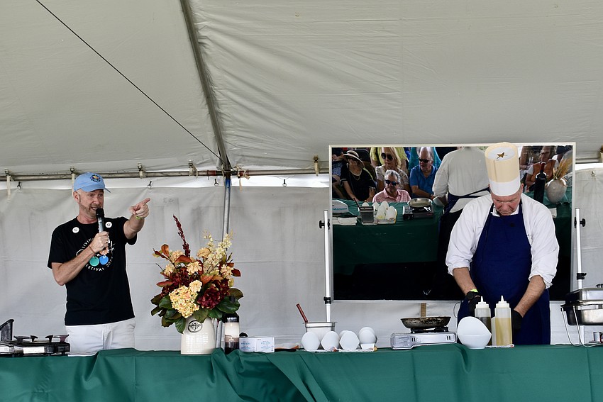 Jeffrey Kin emcees the cooking demonstration while Chef William Sellner makes veal spezzatino.