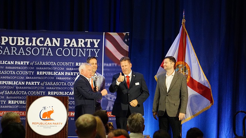 Charter Review Board District 3 Tom DeSane gives a thumbs up after his win. From left to right: Chairman of the Republican Party of Sarasota County Jack Brill, District 4 Greg 