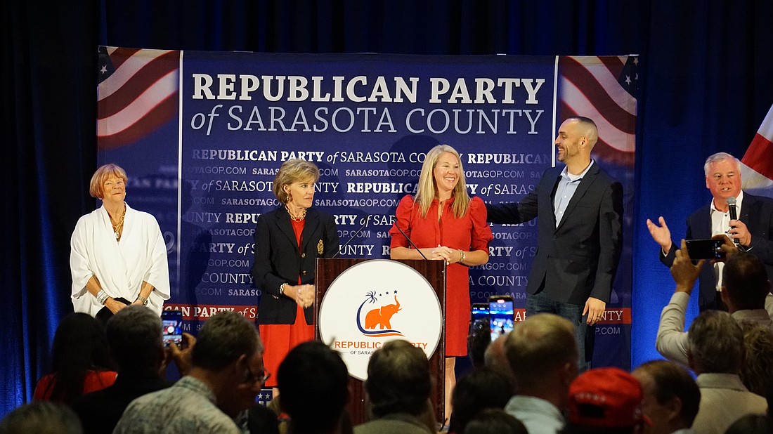 Republican Party of Sarasota County Chairman Jack Brill introduced four Republican Hospital Board winners. From left to right: Sharon Wetzler DePeters, Pam Beitlich, Sarah Lodge and Kevin Cooper.