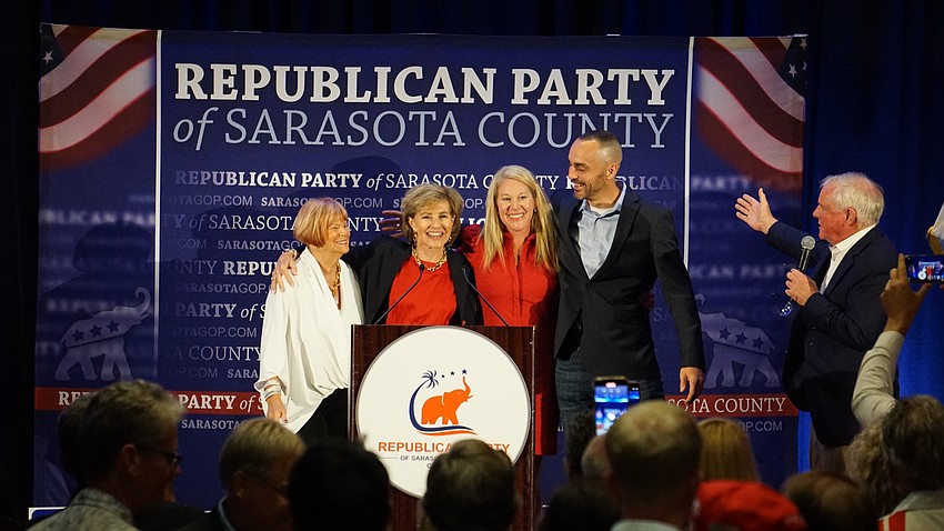 Republican Party of Sarasota County Chairman Jack Brill introduced four Republican Hospital Board winners. From left to right: Sharon Wetzler DePeters, Pam Beitlich, Sarah Lodge and Kevin Cooper.