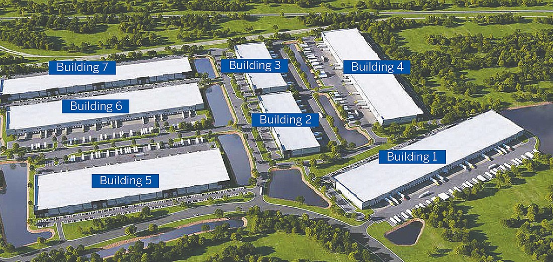 The site plan for Eastport Logistics Park in North Jacksonville indicates seven buildings to be built in two phases. The first phase comprises buildings 1-4. The site is east of Eastport Road south of its intersection with Faye Road.