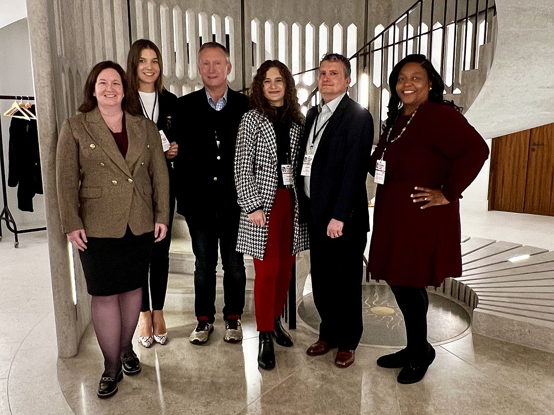 From left, Jacksonville University faculty members Courtney Barclay, Daria Sinyagovskaya, Matthew Reiber, Rhodes Scholar Aimee Clesi and faculty members Scott Devito and Latisha Nixon-Jones presented the university’s AI-driven legal education program at the Rhodes Annual Forum on Technology and Society at Rhodes House in Oxford, England.