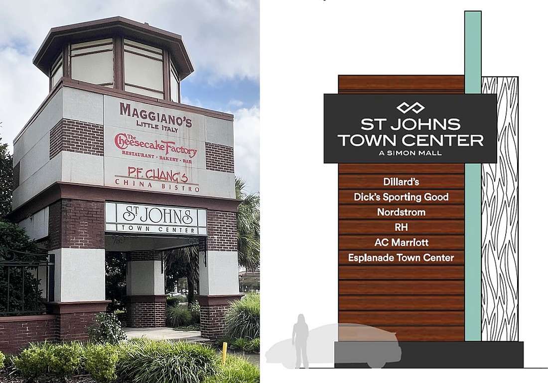Left, the current St. Johns Town Center monument sign from when the shopping center was built in 2005. Right, a rendering of the new monument sign planned at Midtown Parkway and Town Center Parkway. This is the entrance that leads directly toward Maggiano's Little Italy restaurant.