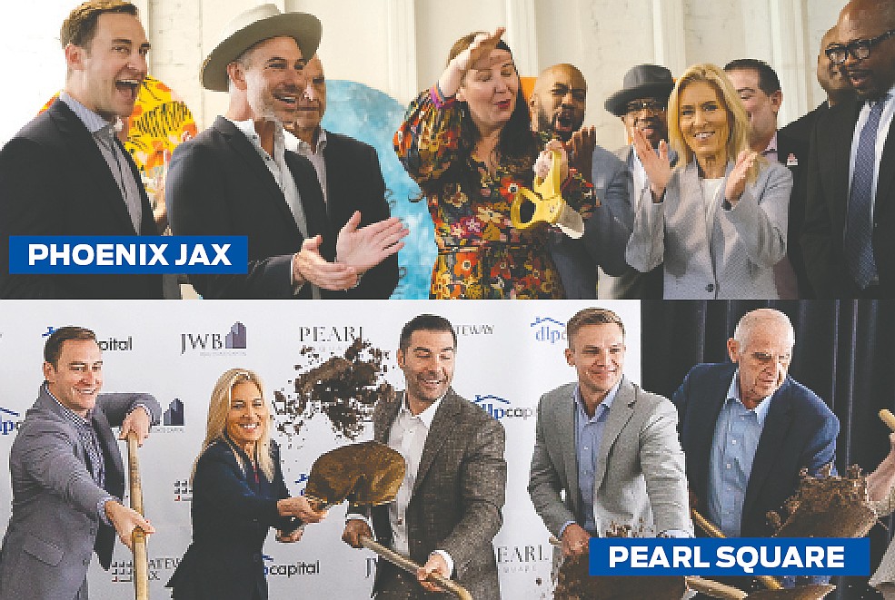 Above, officials cut the ribbon Oct. 20 on Emerald Station in the Phoenix Arts & Innovation District in North Springfield and, below, break ground Oct. 19 on the Gateway Jax Pearl Square project Downtown.