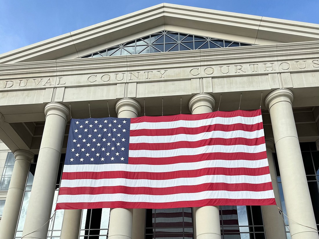 An oversized flag is on display at the Duval County Courthouse in honor of Veterans Day on Nov. 11.