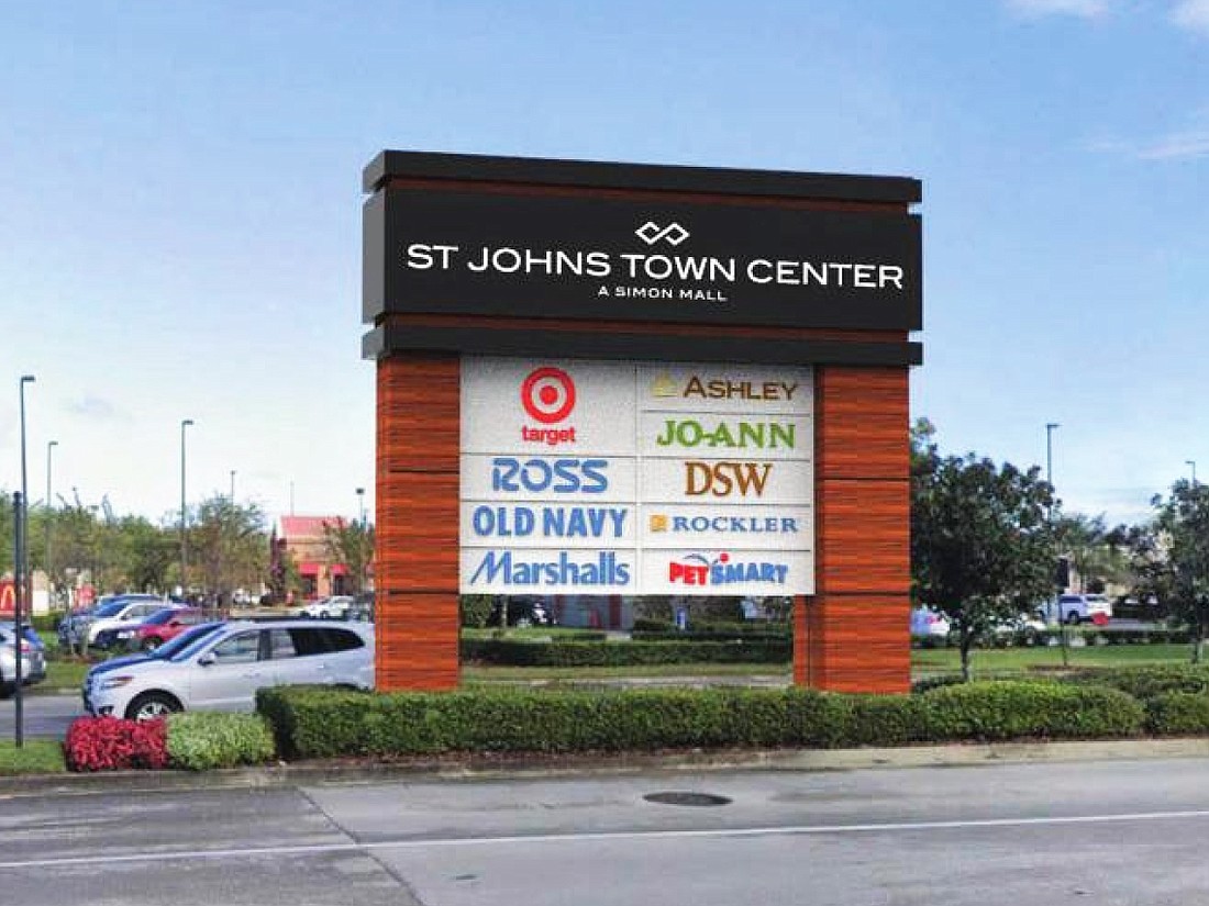 A rendering of the new St. Johns Town Center monument entry sign at 4605 Town Center Parkway at the entrance between McDonald’s and Chick-fil-A at River Marsh Drive.