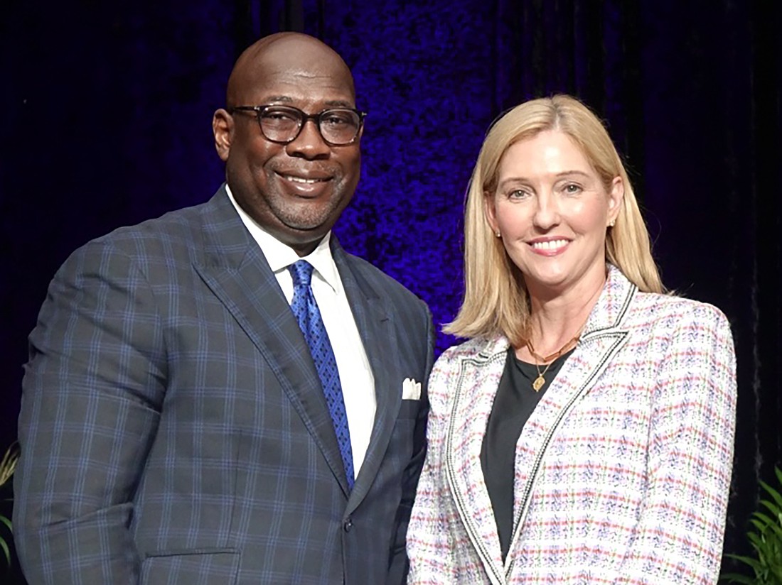 Aundra Wallace, president of the JAXUSA Partnership, and Holly Sullivan, vice president of worldwide economic development for Amazon.