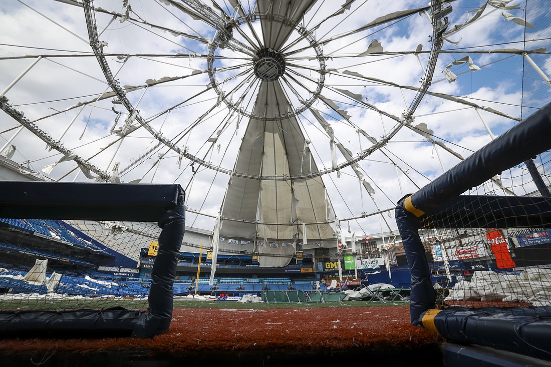 Tropicana Field suffered severe damaged when Hurricane Milton hit St. Petersburg on October 16, 2024.