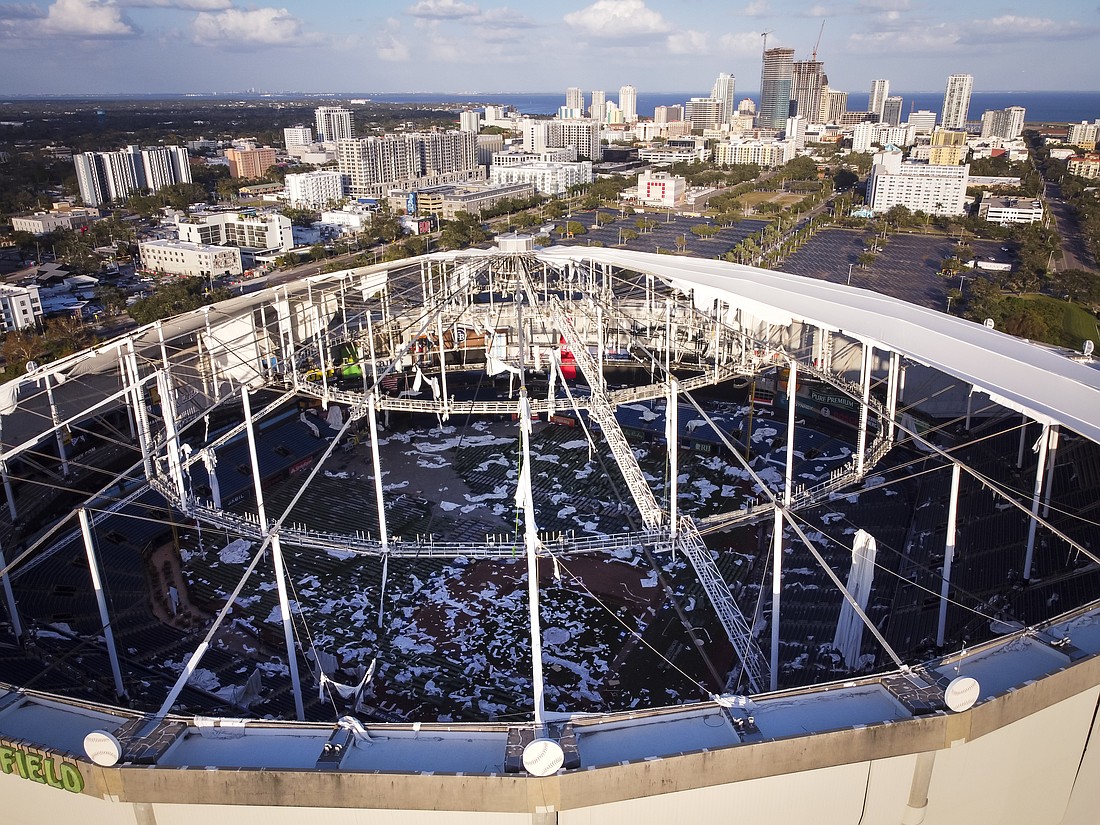 An exterior view of Tropicana Field after Hurricane Milton hit St. Petersburg October 22, 2024.