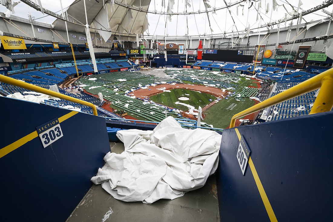 Interior views of Tropicana Field after being severely damaged by Hurricane Milton in St. Petersburg on October 16, 2024.