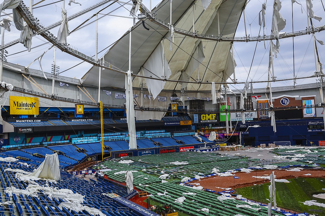 Views of Tropicana Field after being severely damaged by Hurricane Milton.