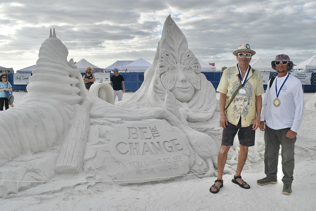 Joaquin Cortez and Craig Mutch won first place in the people's choice awards, doubles, for "Be the Change" at the 2024 Siesta Key Crystal Classic.
