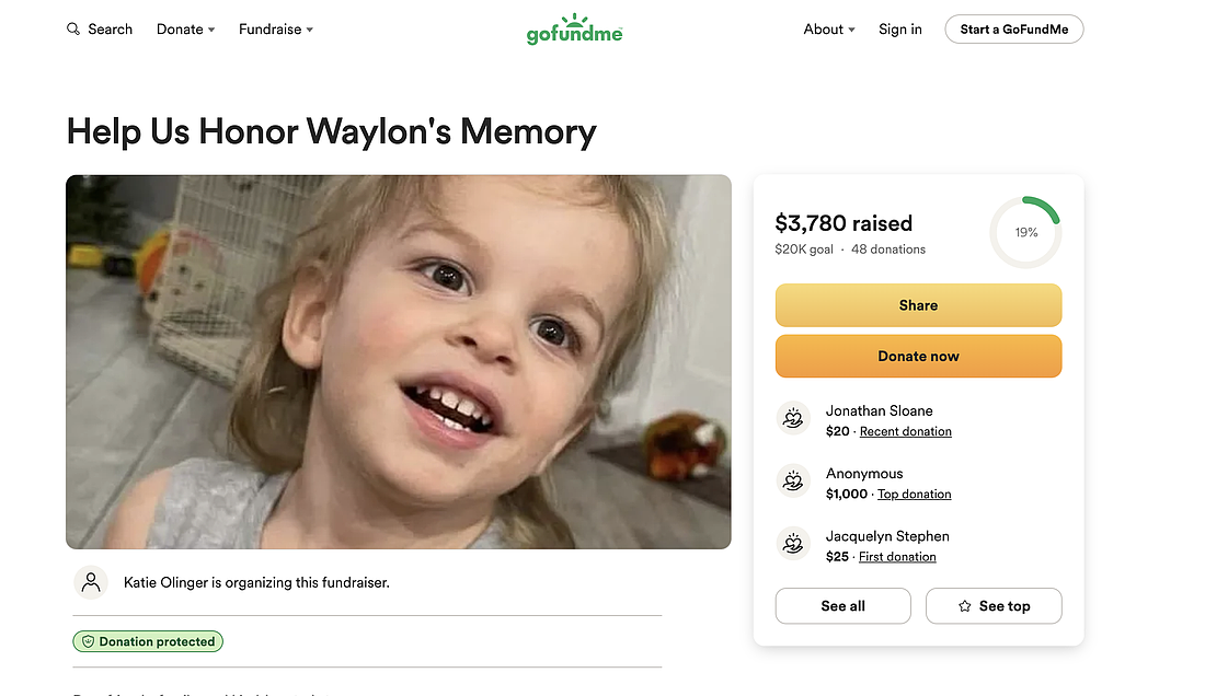 Two GoFundMe pages have been set up to help the family of Waylon Childs. Screenshot via GoFundMe.com