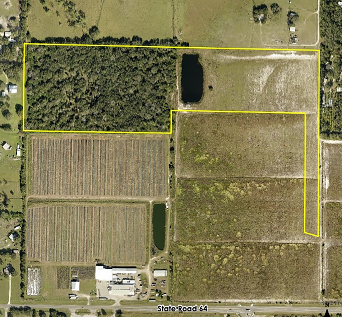 The yellow outline shows the approximately 43-acre parcel where 99 homes are proposed.