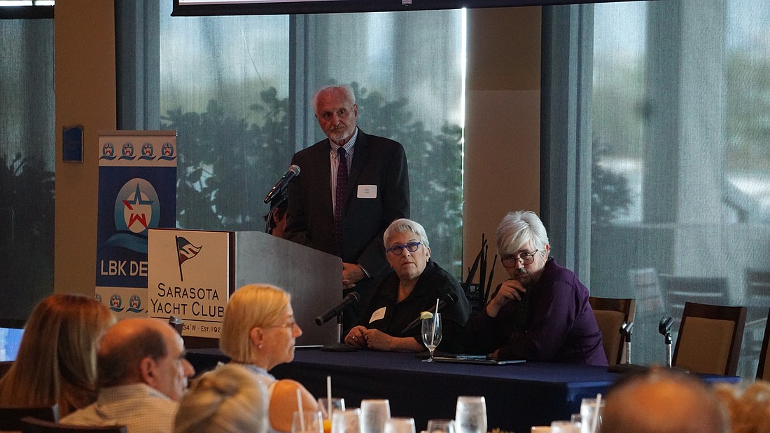 Rob Lorei, anchor of Florida This Week on WEDU PBS moderated the Longboat Key Democratic Club event on Nov. 19. On the panel were Shelley Reback and Jacob Ogles.