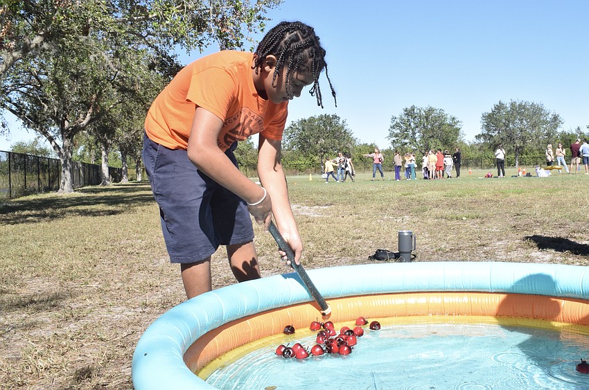 Fifth grader Sebastian Veras tries his best to fish for an apple. With great persistence, he was able to get the magnet to attach to the apple.