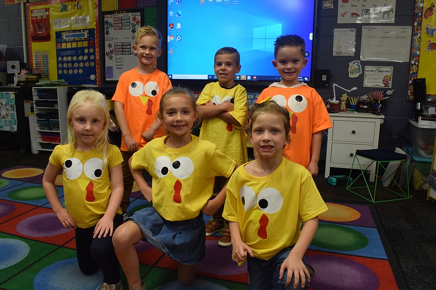 Kindergartners (back) Ryder Zagorski, Jaxon Gilmore, Beau Taylor, (front) Camdyn Kramer, Tessa Kocisky and Savannah Cook are ready to take the stage for the annual Thanksgiving program.